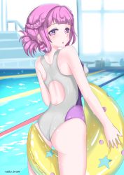 Rule 34 | absurdres, ass, back, breasts, highres, hotaru yura, inflatable toy, magia record: mahou shoujo madoka magica gaiden, mahou shoujo madoka magica, pink hair, pool, radio.broom, school swimsuit, solo, swimsuit