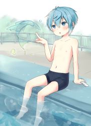 Rule 34 | 1boy, arm support, artist name, barefoot, blue eyes, blue hair, blue jammers, blue male swimwear, blush, child, hair between eyes, hydrokinesis, jammers, male focus, male swimwear, mole, mole under eye, navel, nipples, open mouth, original, os (os fresa), partially submerged, pointing, pool, poolside, sitting, solo, souta (os), swimsuit, topless male, water