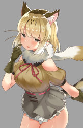 Rule 34 | 10s, 1girl, animal ear fluff, animal ears, bare shoulders, blonde hair, blush, brown eyes, brown hair, cat ears, choir (artist), commentary request, extra ears, eyes visible through hair, frilled skirt, frills, fur collar, gloves, grey background, high-waist skirt, highres, jungle cat (kemono friends), kemono friends, looking at viewer, multicolored hair, panties, panty peek, parted lips, puffy short sleeves, puffy sleeves, short sleeves, simple background, skirt, solo, two-tone hair, underwear, white panties