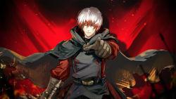 Rule 34 | 1boy, achyue, belt, brown gloves, burnt, burnt clothes, cape, embers, ezel the king of fire and iron, fire, gloves, grey cape, highres, holding, holding sword, holding weapon, male focus, multicolored hair, parted lips, pixiv fantasia, pixiv fantasia last saga, pointing, pointing at viewer, red eyes, red hair, solo, sword, weapon, white hair