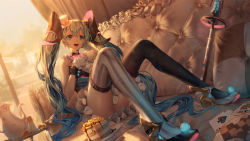 Rule 34 | 1girl, :d, asymmetrical legwear, black thighhighs, card, couch, dutch angle, gloves, hair between eyes, hat, hatsune miku, highres, indoors, ji dao ji, long hair, looking at viewer, magical mirai miku, magical mirai miku (2019), microphone, mini hat, mini top hat, mismatched legwear, open mouth, playing card, sitting, smile, solo, striped clothes, striped thighhighs, sunset, teapot, thighhighs, top hat, twintails, vertical-striped clothes, vertical-striped thighhighs, very long hair, vocaloid, window
