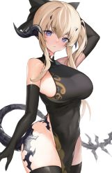 Rule 34 | 1girl, absurdres, arm up, au ra, warrior of light (ff14), bare shoulders, black dress, black gloves, black thighhighs, blonde hair, blue eyes, bow, breasts, china dress, chinese clothes, closed mouth, covered navel, cowboy shot, cyobiro, dragon girl, dragon horns, dragon tail, dress, elbow gloves, final fantasy, final fantasy xiv, gloves, hair bow, highres, horns, large breasts, long hair, looking at viewer, no panties, pelvic curtain, side ponytail, sidelocks, simple background, sleeveless, sleeveless dress, solo, standing, tail, thighhighs, thighs, white background