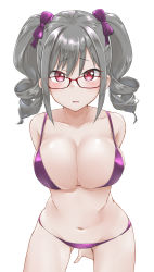 Rule 34 | 1girl, aimobake, alternate breast size, bare shoulders, bespectacled, bikini, blush, bow, breasts, collarbone, commentary request, drill hair, glasses, grey hair, hair bow, highres, idolmaster, idolmaster cinderella girls, kanzaki ranko, large breasts, leaning forward, looking at viewer, midriff, navel, open mouth, pink eyes, purple bikini, purple bow, red-framed eyewear, short twintails, sidelocks, simple background, solo, swimsuit, twin drills, twintails, white background