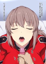Rule 34 | 1boy, 1girl, breasts, brown hair, censored, closed mouth, commentary request, fate/grand order, fate (series), florence nightingale (fate), highres, imminent ejaculation, japanese text, large breasts, light blush, long hair, mokichi (nvzy3n), mosaic censoring, motion lines, open mouth, oral invitation, penis, pov, solo focus, teeth, tongue, translated, upper body