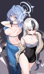 Rule 34 | 2girls, absurdres, adjusting hair, ako (blue archive), ako (dress) (blue archive), armpits, bare back, black choker, black hair, blue archive, blue eyes, blue hair, breasts, choker, cleavage, collarbone, commentary request, demon girl, demon horns, demon wings, dress, earrings, evening gown, from above, gun, h&amp;k p30, hair between eyes, hair ornament, hairband, hairclip, halo, handgun, head tilt, high heels, highres, holding, holding gun, holding weapon, horns, jewelry, kayoko (blue archive), kayoko (dress) (blue archive), large breasts, long hair, looking at viewer, looking back, medium breasts, mole, mole on shoulder, multicolored hair, multiple girls, nail polish, official alternate costume, official alternate hairstyle, parted lips, pendant choker, purple nails, red eyes, side slit, sideboob, sidelocks, simple background, single wing, spaghetti strap, stiletto heels, strappy heels, t hei (user uxky7438), two-tone hair, v-shaped eyebrows, weapon, white hair, wings