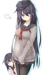 Rule 34 | 10s, 2girls, akatsuki (kancolle), black dress, blue eyes, blush, breasts, commentary request, dress, hat, heart, highres, if they mated, kantai collection, long hair, looking at viewer, mother and daughter, multiple girls, neckerchief, aged up, pantyhose, pregnant, red neckerchief, saku (kudrove), school uniform, serafuku, skirt, sweater, very long hair, aged down