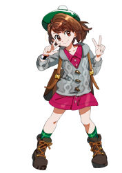 Rule 34 | 1girl, backpack, bad id, bad pixiv id, bag, bob cut, boots, brown bag, brown eyes, brown footwear, brown hair, buttons, cable knit, cardigan, closed mouth, collared dress, creatures (company), dress, full body, game freak, gloria (pokemon), green hat, green socks, grey cardigan, hat, highres, hooded cardigan, komame (st beans), legs apart, nintendo, pink dress, plaid, plaid legwear, pokemon, pokemon swsh, short hair, simple background, smile, socks, solo, standing, tam o&#039; shanter, white background