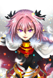Rule 34 | 1boy, :d, androgynous, armor, astolfo (fate), black bow, bow, braid, cape, chi wa, elbow gloves, fang, fate/apocrypha, fate (series), faulds, fur-trimmed cape, fur trim, gloves, hair bow, long hair, long sleeves, looking at viewer, male focus, open mouth, pink hair, purple eyes, single braid, smile, solo, standing, trap, upper body, very long hair, white background, white cape, white gloves