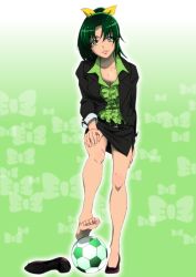 Rule 34 | 10s, 1girl, aged up, ball, bare legs, barefoot, belted, belted dress, bow, clasped dress, dress, feet, formal, gorou (pixiv3249935), gradient background, green background, green eyes, green hair, green shirt, hair ribbon, hand on thigh, highres, jacket, leg lift, looking at viewer, matching hair/eyes, midorikawa nao, office lady, peke (pixiv1607147), pencil skirt, ponytail, precure, ribbon, shirt, shoes, side slit, single shoe, skirt, skirt suit, smile precure!, soccer, soccer ball, solo, standing, suit, telstar, tight clothes, tight dress, yellow ribbon
