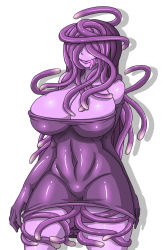 Rule 34 | 1girl, breasts, cleavage, colored skin, dr. bug, hair over eyes, highres, huge breasts, impossible clothes, monster girl, open mouth, purple hair, purple skin, solo, tentacles, tentacle hair, thick thighs, thighs, tongue, tongue out
