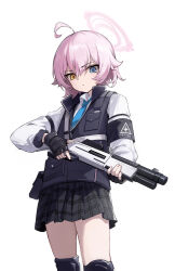 1girl absurdres ahoge armband black_armband black_gloves black_skirt blue_archive blue_eyes blue_necktie blue_vest chinese_commentary closed_mouth commentary_request fingerless_gloves gloves gun halo heterochromia highres holding holding_gun holding_weapon hoshino_(blue_archive) hoshino_(young)_(blue_archive) knee_pads long_sleeves looking_down maochibuqihuyu necktie pink_hair pink_halo plaid_clothes plaid_skirt shirt short_hair shotgun simple_background skirt solo vest weapon white_background white_shirt yellow_eyes