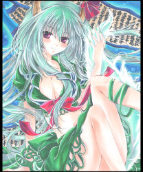 Rule 34 | 1girl, alternate costume, arm support, blush, breasts, cleavage, crop top, ex-keine, female focus, front-tie top, green hair, horn ornament, horn ribbon, horns, kamishirasawa keine, large breasts, legs, midriff, multicolored hair, pekopokox, ribbon, scroll, shikishi, silver hair, sitting, solo, tail, touhou, traditional media