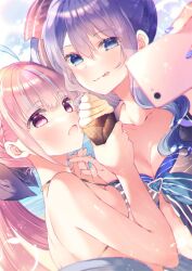 Rule 34 | 2girls, bikini, blue eyes, blue hair, blue nails, breasts, cellphone, cleavage, closed mouth, food, hair between eyes, highres, holding, holding hands, holding phone, hololive, hololive summer 2023 swimsuit, hoshimachi suisei, ice cream, large breasts, long hair, looking at viewer, minato aqua, minato aqua (hololive summer 2019), moo (umineko), multicolored hair, multiple girls, nail polish, open mouth, phone, pink eyes, pink hair, selfie, small breasts, smile, streaked hair, striped bikini, striped clothes, swimsuit, tongue, tongue out, virtual youtuber