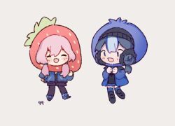 Rule 34 | 2girls, arknights, beanie, black headwear, black pantyhose, black shirt, black shorts, blue eyes, blue hair, blue jacket, blue poison (arknights), blue thighhighs, chibi, closed eyes, commentary, double bun, glaucus (arknights), grey background, hair between eyes, hair bun, hat, jacket, light blue hair, long hair, long sleeves, low twintails, multicolored hair, multiple girls, open clothes, open jacket, open mouth, pantyhose, pink hair, ruri (dailybloopy), shirt, short hair, shorts, simple background, symbol-only commentary, thighhighs, twintails