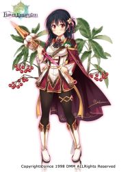 Rule 34 | 1girl, ascot, berry, black hair, black pantyhose, boots, cape, flower, flower knight girl, full body, knee boots, long hair, looking at viewer, manryou (flower knight girl), name connection, object namesake, official art, pantyhose, red eyes, red skirt, skirt, smile, solo, standing, thighlet, utsurogi akira, wand, white background, white footwear