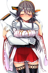 Rule 34 | 1boy, 1girl, black hair, blush, boots, breasts, closed eyes, cowboy shot, frilled skirt, frills, hachimaki, hair ornament, hairband, hairclip, haruna (kancolle), headband, headgear, highres, hug, hug from behind, japanese clothes, kantai collection, large breasts, long hair, nontraditional miko, red skirt, ribbon-trimmed sleeves, ribbon trim, skirt, smile, standing, t-head admiral, thigh boots, thighhighs, tsukui kachou, wide sleeves