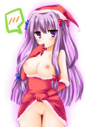 Rule 34 | 1girl, blush, breasts, breath, christmas, clothes lift, dress, dress lift, female focus, gloves, hair ornament, hair ribbon, hat, long hair, mameyarou, nipples, no panties, patchouli knowledge, purple eyes, purple hair, pussy, red gloves, ribbon, santa costume, santa hat, solo, spoken blush, sweatdrop, touhou, twintails, two side up, uncensored