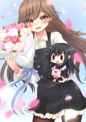 Rule 34 | 1girl, absurdres, arashio (kancolle), asashio (kancolle), black pantyhose, bouquet, brown eyes, brown hair, character doll, commentary request, cowboy shot, dress, envelope, flower, frilled dress, frills, happy birthday, highres, kantai collection, long hair, long sleeves, looking at viewer, makura (y makura), pantyhose, petals, pinafore dress, rose, shirt, sleeveless, sleeveless dress, smile, solo, white shirt