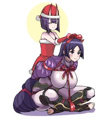 Rule 34 | 2girls, anger vein, arms behind back, bound, bow, breasts, christmas, commentary request, dress, closed eyes, fate/grand order, fate (series), gloves, hat, horns, huge breasts, long hair, minamoto no raikou (fate), multiple girls, purple eyes, purple hair, rebake, restrained, ribbon, santa dress, santa hat, short hair, shuten douji (fate), smile, tied up, toeless legwear, very long hair, white background