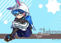Rule 34 | 10s, 1boy, animal hood, black pantyhose, blue eyes, blue hair, bow, bowtie, character name, fate/extra, fate/extra ccc, fate/grand order, fate (series), full body, glasses, hans christian andersen (fate), hood, kiritachi, male focus, pantyhose, rabbit hood, solo, twitter username