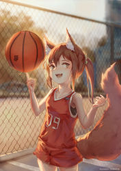 Rule 34 | 1girl, absurdres, animal ear fluff, animal ears, ball, basketball, basketball (object), basketball uniform, blurry, chain-link fence, collarbone, depth of field, fence, fuyume fuyume, highres, original, ponytail, red hair, shorts, solo, spinning, sportswear, tail, undershirt