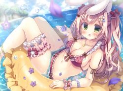 Rule 34 | 1girl, animal ears, bikini, blue sky, breasts, bubble, day, flower, frills, green eyes, hair ornament, hairpin, heart, innertube, jewelry, kouta., large breasts, light rays, long hair, looking at viewer, nail polish, navel, necklace, ocean, original, petals, pink bikini, pink hair, pink nails, purple flower, rabbit ears, sky, smile, solo, summer, sunlight, swim ring, swimsuit, twintails, very long hair, water