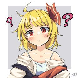 Rule 34 | 1girl, ?, ??, ahoge, bare shoulders, blonde hair, blush, collarbone, grey background, hair ribbon, highres, looking at viewer, off shoulder, red eyes, red ribbon, ribbon, rumia, shirt, short hair, solo, spoken question mark, touhou, upper body, white shirt, woruta (soloistlist)