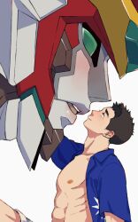 Rule 34 | 2boys, abs, ao isami, bare pectorals, black hair, blush, bravern, facial hair, highres, imminent kiss, male focus, mecha, multiple boys, nikutabetai502, official alternate costume, pectorals, profile, robot, sideburns stubble, size difference, smile, stubble, super robot, thick eyebrows, toned, toned male, upper body, yaoi, yuuki bakuhatsu bang bravern