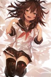 Rule 34 | 1girl, absurdres, black skirt, black thighhighs, blush, folded ponytail, hair between eyes, highres, inazuma (kancolle), kaamin (mariarose753), kantai collection, neckerchief, open mouth, pleated skirt, ponytail, red neckerchief, sailor collar, school uniform, serafuku, simple background, skirt, solo, thighhighs, yellow eyes
