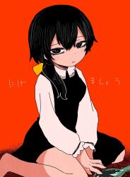 Rule 34 | 1girl, apricot (vocaloid), bags under eyes, barefoot, black dress, black eyes, black hair, broken mirror, closed mouth, collared dress, dovepopon, dress, empty eyes, hair over shoulder, hair ribbon, half-closed eyes, hand mirror, highres, light blush, long hair, looking at viewer, mirror, on floor, orange background, ribbon, short dress, simple background, sitting, solo, v arms, wariza, white sleeves, yellow ribbon