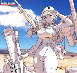 Rule 34 | 1girl, armpits, beret, blue sky, breasts, bullet, check commentary, circle a, closed mouth, cloud, cloudy sky, colored skin, commentary request, desert, facepaint, gloves, gun, hat, highleg, highleg leotard, holding, holding gun, holding weapon, large breasts, last origin, leotard, machine gun, military, military hat, military uniform, outdoors, pink eyes, quick camel, rocket launcher, salute, short hair, sky, smile, solo, thighhighs, two-finger salute, uniform, weapon, white gloves, white hair, white leotard, white skin, white thighhighs, zettai ryouiki