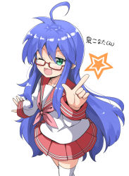 Rule 34 | 1girl, :3, ;d, aged up, ahoge, aikawa ryou, blue hair, blush, character name, collarbone, commentary request, glasses, green eyes, hair between eyes, highres, index finger raised, izumi konata, long hair, long sleeves, looking at viewer, lucky star, mole, mole under eye, neckerchief, one eye closed, open mouth, pink neckerchief, pleated skirt, red-framed eyewear, ryouou school uniform, sailor collar, school uniform, semi-rimless eyewear, serafuku, shirt, simple background, skirt, sleeves past wrists, smile, solo, thighhighs, very long hair, white background, white shirt, white thighhighs, zettai ryouiki