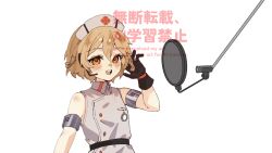 1girl bare_shoulders belt black_belt black_gloves blonde_hair cuffs dress gloves handcuffs hat headset highres looking_at_viewer microphone nurse_cap nurse_robot_type_t open_mouth orange_eyes senri_(hrydy_o) short_hair simple_background sleeveless sleeveless_dress solo upper_body utau watermark white_background white_dress