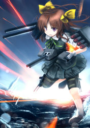 Rule 34 | 1girl, battlefield (series), battlefield 4, bike shorts, bike shorts under skirt, bow, brown hair, gloves, green ribbon, hair bow, hair ribbon, highres, kagerou (kancolle), kantai collection, kneehighs, leg up, long hair, looking at viewer, neck ribbon, ocean, open mouth, parody, personification, pleated skirt, purple eyes, ribbon, short sleeves, shorts, shorts under skirt, skirt, sky, socks, solo, tsubasa (abchipika), twintails, vest, waves, white gloves, yellow ribbon