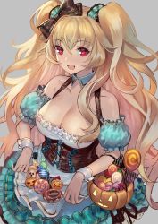 Rule 34 | 1girl, alice (alice in wonderland), alice (alice in wonderland) (cosplay), alice in wonderland, alternate costume, anne bonny (fate), apron basket, aqua skirt, black bow, blonde hair, blush, bow, breasts, candy, cleavage, collarbone, corset, cosplay, detached sleeves, fate/grand order, fate (series), food, frilled sleeves, frills, grey background, halloween, highres, jack-o&#039;-lantern, large breasts, lollipop, long hair, looking at viewer, puffy short sleeves, puffy sleeves, pumpkin bag, red eyes, short sleeves, simple background, skirt, solo, striped, striped bow, terai (teraimorimori), two side up, very long hair, wavy hair, wrist cuffs