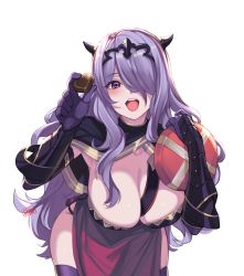 Rule 34 | 1girl, alternate costume, breasts, camilla (fire emblem), chocolate, cleavage, fire emblem, fire emblem fates, food, gloves, hair over one eye, highres, holding, holding chocolate, holding food, incoming food, large breasts, long hair, looking at viewer, makeup, nintendo, open mouth, purple eyes, purple hair, ritence, solo, thighhighs, tiara, upper body, valentine