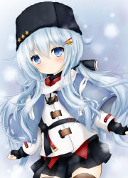 Rule 34 | alternate costume, anchor necklace, artist request, bad id, bad pixiv id, black hat, black skirt, blouse, blue eyes, blue shawl, boots, brown thighhighs, cosplay, fingerless gloves, fur hat, gloves, hair between eyes, hair ornament, hat, hibiki (kancolle), highres, jewelry, kantai collection, necklace, papakha, red shirt, scarf, shawl, shirt, sidelocks, skirt, solo, star (symbol), star hair ornament, tashkent (kancolle), tashkent (kancolle) (cosplay), thigh boots, thighhighs, torn clothes, torn scarf, twintails, verniy (kancolle), white hair, zettai ryouiki