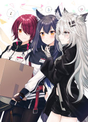 3girls absurdres angel animal_ear_fluff animal_ears arknights black_hair black_jacket black_nails blush chiwa_(chiwawanwan1206) closed_mouth commentary_request ear_piercing energy_wings exusiai_(arknights) fox_ears fox_girl fox_tail grey_eyes hair_ornament hair_over_one_eye hairclip halo hand_on_another&#039;s_chin heart highres id_card jacket lappland_(arknights) long_hair multiple_girls musical_note nail_polish orange_eyes pantyhose penguin_logistics_(arknights) piercing raglan_sleeves red_hair scar scar_across_eye scar_on_face short_hair sweatdrop tail texas_(arknights) white_background white_hair white_jacket wolf_ears wolf_girl wolf_tail yuri