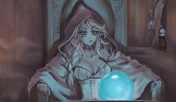 Rule 34 | braid, breasts, cleavage, cloak, closed mouth, copyright request, highres, hood, hooded cloak, large breasts, looking at object, meme, mythicsights, orb, pointy ears, pondering my orb (meme), scar, scar across eye, scar on face, single braid, sitting, virtual youtuber