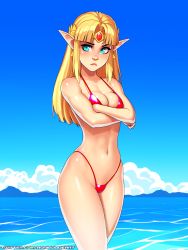 Rule 34 | 1girl, absurdres, bikini, blonde hair, blue eyes, blue sky, breasts, circlet, cleavage, commentary, covered erect nipples, crossed arms, day, earrings, english commentary, forehead jewel, frown, highleg, highleg bikini, highres, jewelry, lips, long hair, looking away, medium breasts, micro bikini, navel, nervous, nintendo, nose, ocean, pointy ears, pout, princess zelda, red bikini, ronindude, shiny skin, sidelocks, sky, solo, spaghetti strap, standing, straight hair, strap gap, swimsuit, the legend of zelda, the legend of zelda: a link between worlds, the legend of zelda: a link to the past, thick eyebrows, thong, triangle earrings, water, watermark, web address, wide hips