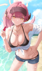 Rule 34 | 1girl, absurdres, alternate costume, aru (blue archive), bad id, bad pixiv id, bare shoulders, beach, bikini, bikini under clothes, black bikini, blue archive, breasts, cleavage, collarbone, demon horns, denim, denim shorts, halo, hand on own hip, highres, horns, jewelry, large breasts, light smile, looking at viewer, navel, necklace, okano yuuto, open mouth, ponytail, shirt, short shorts, shorts, solo, splashing, swimsuit, tied shirt, visor cap, whistle, white shirt