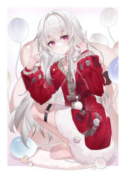 Rule 34 | 1girl, absurdres, balloon, barefoot, brown sweater, clara (honkai: star rail), closed mouth, coat, double v, eyebrows hidden by hair, full body, hair between eyes, highres, honkai: star rail, honkai (series), light blush, long hair, looking at viewer, pink eyes, pouch, red coat, rug, simple background, smile, solo, squatting, sweater, thigh strap, user dodder7777, v, white hair