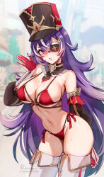 Rule 34 | 1girl, alternate breast size, bare shoulders, bikini, black necktie, blowing kiss, blush, boots, breasts, chevreuse (genshin impact), cleavage, detached collar, detached sleeves, eyepatch, foxyreine, genshin impact, gloves, hat, highres, large breasts, long hair, looking at viewer, mole, mole under mouth, multicolored hair, navel, necktie, o-ring, open mouth, puffy detached sleeves, puffy sleeves, purple eyes, purple hair, red bikini, red hat, shako cap, solo, streaked hair, swimsuit, thigh boots, two-tone hair, very long hair, white footwear, white gloves, white hair