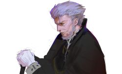 Rule 34 | 1boy, beard, black coat, cane, coat, facial hair, fate/stay night, fate (series), from side, gloves, kischur zelretch schweinorg, long sleeves, male focus, old, old man, parted lips, red eyes, silver hair, simple background, sketch, smile, solo, treeware, white background, white gloves