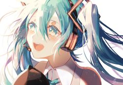 Rule 34 | 1girl, aqua eyes, aqua hair, aqua necktie, bare shoulders, black sleeves, blush, commentary, detached sleeves, hair ornament, hatsune miku, headphones, headset, highres, light blush, long hair, looking to the side, necktie, open mouth, portrait, saihate (d3), shirt, smile, solo, sparkle, twintails, vocaloid, white shirt
