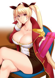 Rule 34 | 1girl, absurdres, armchair, azur lane, black bow, blonde hair, bow, box, breasts, chair, cleavage, closed mouth, coat, collarbone, crossed legs, dress, epaulettes, frown, gift, gift box, highres, holding, holding gift, large breasts, long hair, long sleeves, looking at viewer, mizuse kouichi, nelson (azur lane), red coat, red eyes, short dress, sitting, twintails, valentine, very long hair, white background, white dress