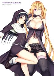 Rule 34 | 2girls, :d, :p, aged down, artist name, belt, black choker, black dress, black footwear, black gloves, black hair, black legwear, black shorts, blonde hair, blush, boots, breasts, buckle, choker, cleavage, collarbone, cross, cross necklace, dress, elbow gloves, flat chest, fudou akio (trinity seven), gloves, habit, hair between eyes, hand up, highres, jewelry, large breasts, leg up, licking lips, lieselotte sherlock, long hair, long sleeves, looking at viewer, multiple girls, nao akinari, navel, necklace, nun, official art, one eye closed, open clothes, open dress, open mouth, purple eyes, shoes, short shorts, shorts, sidelocks, simple background, smile, socks, standing, thigh boots, thighhighs, tongue, tongue out, trinity seven, twintails, very long hair, white background, white legwear