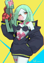 Rule 34 | 1girl, absurdres, artificial eye, black bra, black jacket, blue background, bra, breasts, blowing bubbles, chewing gum, colored sclera, colored skin, commentary, cowboy shot, cyberpunk (series), cyberpunk edgerunners, fewer digits, green eyes, green hair, hand in pocket, highres, holding, holding weapon, huge weapon, jacket, leg tattoo, long hair, long sleeves, looking at viewer, luochao0524, mechanical eye, mechanical hands, navel, neck tattoo, off shoulder, oversized forearms, oversized limbs, partially unzipped, petite, puffy long sleeves, puffy sleeves, rebecca (cyberpunk), red pupils, red sclera, samurai jacket (cyberpunk), simple background, single bare shoulder, small breasts, solo, stomach tattoo, straight hair, strapless, strapless bra, tattoo, trigger discipline, underwear, weapon, white skin, yellow background