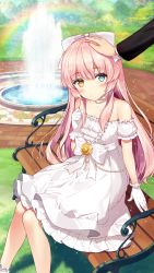 Rule 34 | 1girl, bench, bow, collarbone, dress, eksistere kyrenia, fountain, girl cafe gun, gloves, grass, hair bow, hand on another&#039;s head, headpat, heterochromia, highres, long hair, looking at viewer, official art, pink hair, rainbow, sitting, solo focus, white gloves