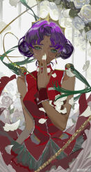 1girl absurdres aiguillette chinese_commentary collared_dress commentary_request covered_mouth cowboy_shot crown curly_hair dark-skinned_female dark_skin dress earrings facial_mark falling_petals flower forehead_mark glasses glint green_eyes hand_up highres himemiya_anthy jewelry looking_at_viewer ouge_dz parted_bangs petals purple_hair red_dress rose round_eyewear short_hair shoujo_kakumei_utena sleeveless sleeveless_dress solo weibo_logo weibo_watermark white_background white_flower white_rose wrist_cuffs